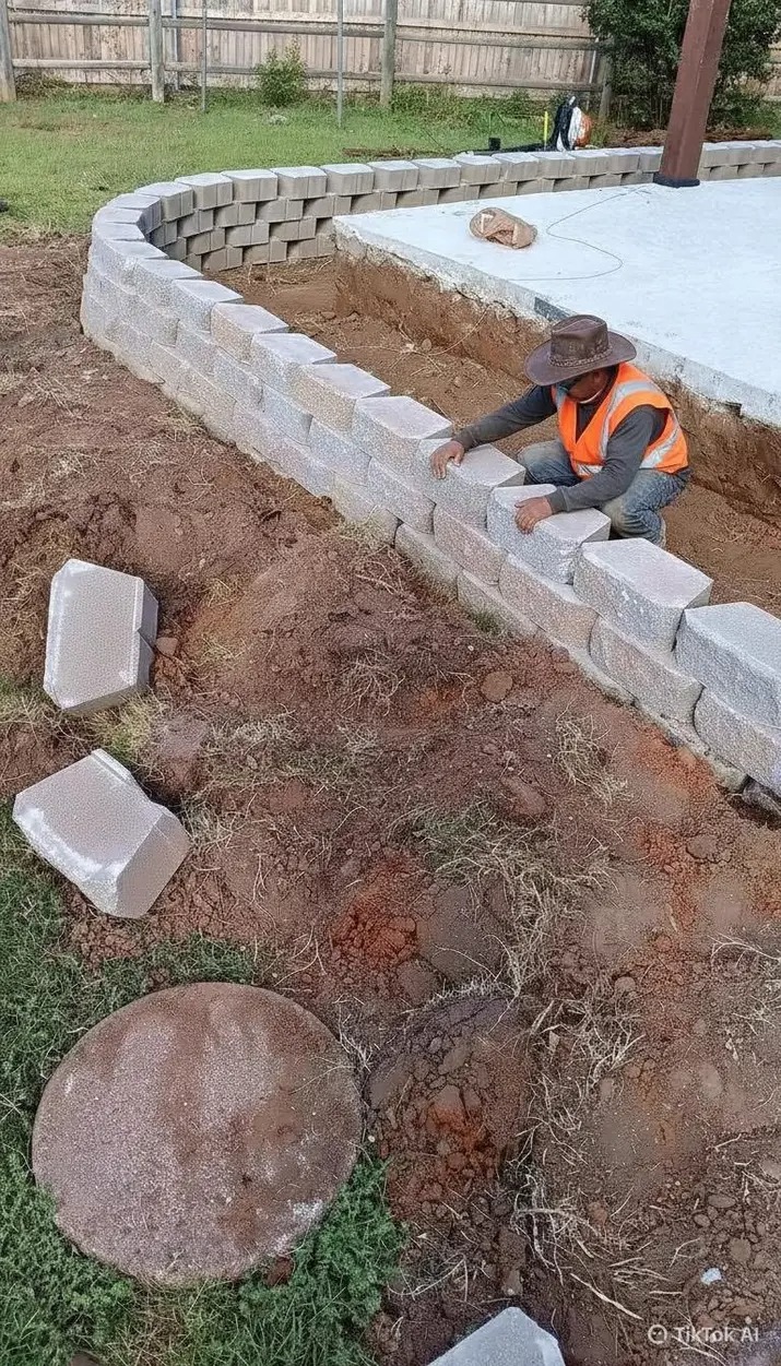 Gonzalez Landscaping crew building a curved retaining wall