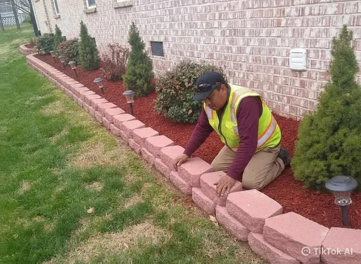 Stone bed edging along a brick home